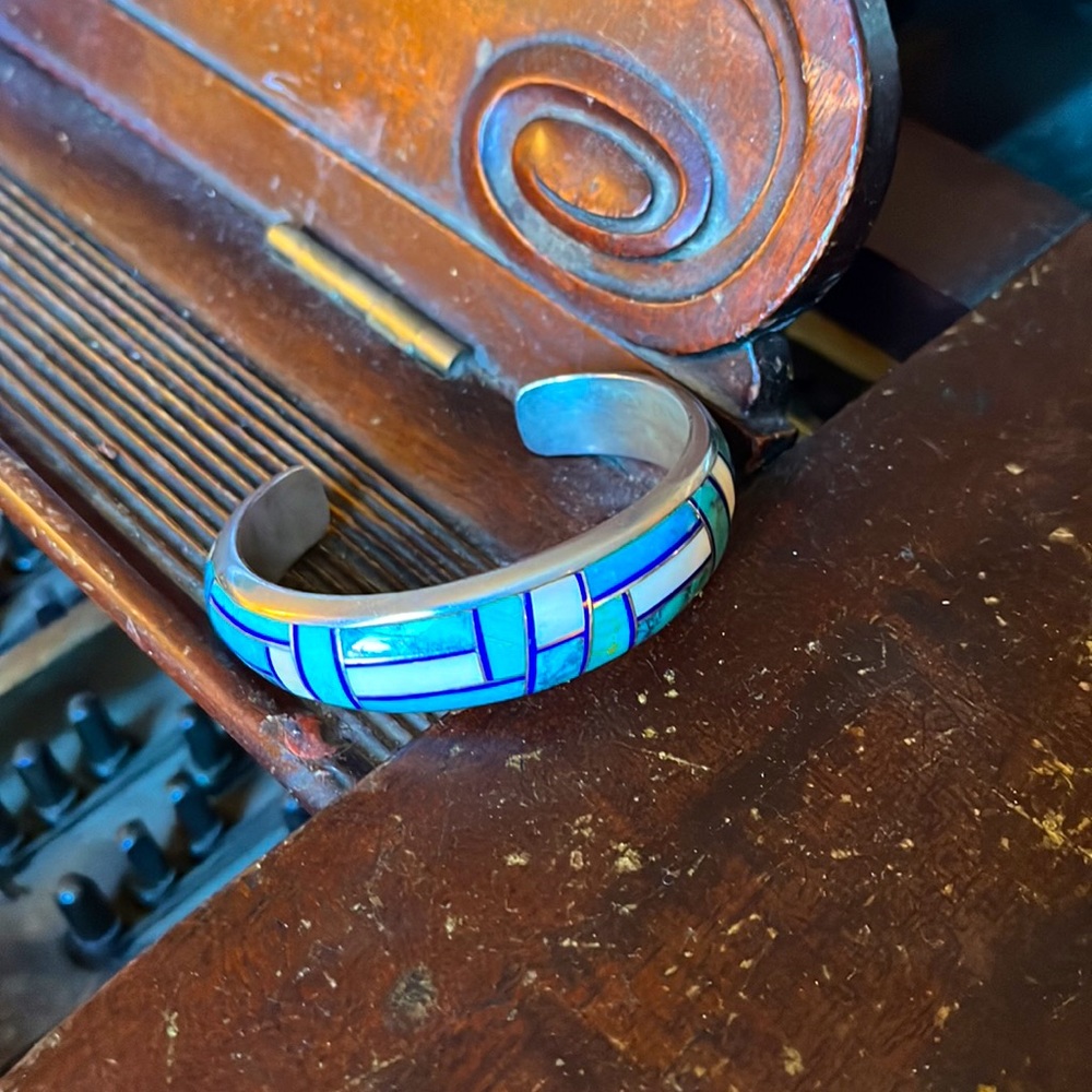 Vintage Native American Navajo Aaron Toadlena Turquoise Silver Inlay Bracelet